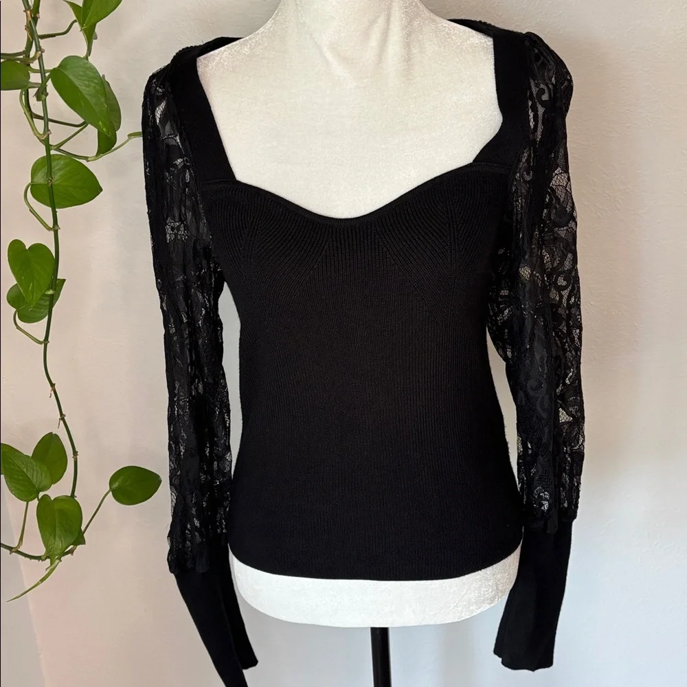 Anthropologie Black Lace Sleeve Sweater Size M